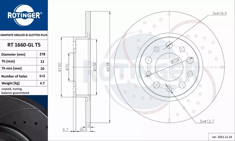 ROTINGER TARCZA HAMULCOWA RT 1660-GL T5 