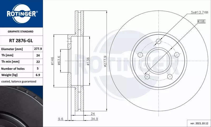 ROTINGER TARCZA HAMULCOWA RT 2876-GL 