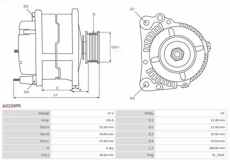 AS-PL ALTERNATOR A0209PR 