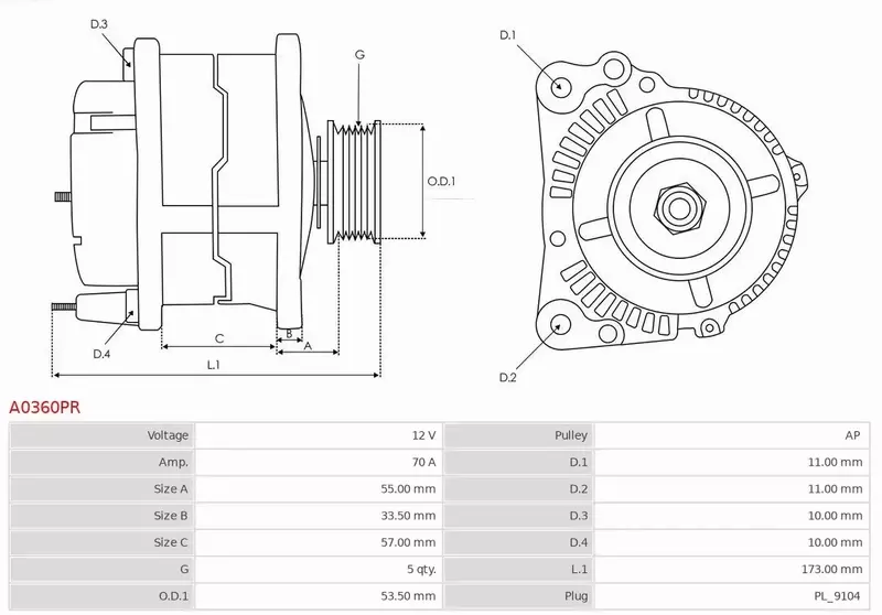 AS-PL ALTERNATOR A0360PR 