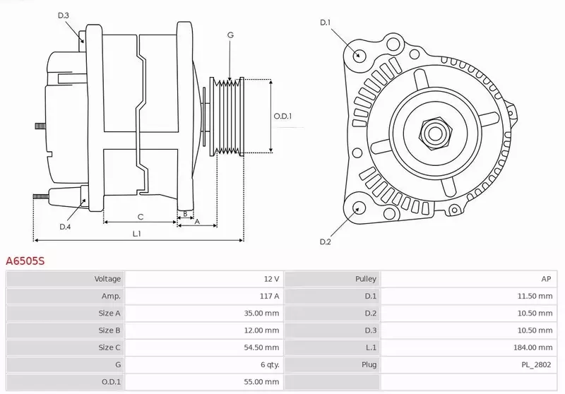 AS-PL ALTERNATOR A6505S 