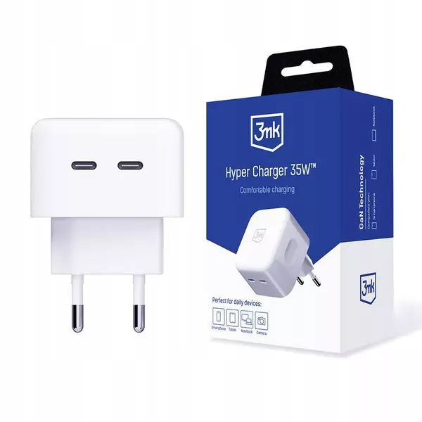 UNIWERSALNA KĄTOWA ŁADOWARKA SIECIOWA 2X USB-C 35W QC 3.0 3MK HYPER CHARGER