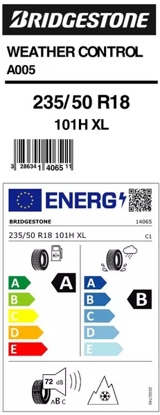 2xBRIDGESTONE WEATHER CONTROL A005 235/50R18 101 H PRZYCZEPNOŚĆ NA ŚNIEGU (3PMSF), WZMOCNIENIE (XL) 