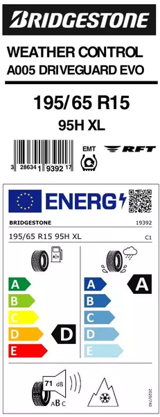 2xBRIDGESTONE WEATHER CONTROL A005 DRIVEGUARD 195/65R15 95 H PRZYCZEPNOŚĆ NA ŚNIEGU (3PMSF), RUN FLAT, WZMOCNIENIE (XL) 