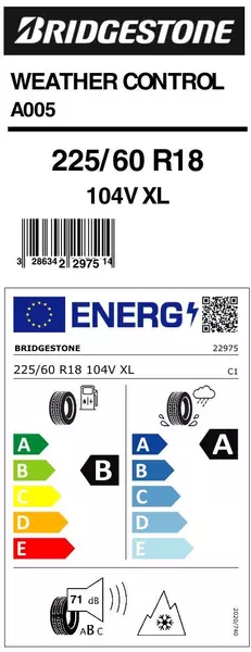 OPONA CAŁOROCZNA BRIDGESTONE WEATHER CONTROL A005 225/60R18 104 V PRZYCZEPNOŚĆ NA ŚNIEGU (3PMSF), WZMOCNIENIE (XL) 