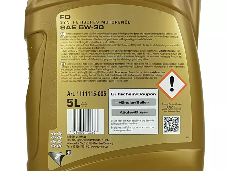 RAVENOL FO 5W30 CLEANSYNTO A5/B5 SL/CF 5L 