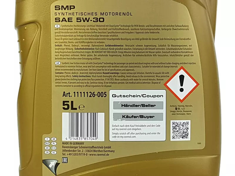 RAVENOL SMP 5W30 CLEANSYNTO API SN ACEA C3 5L 