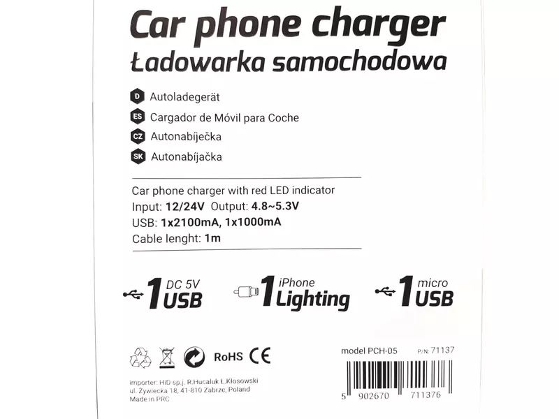 VERTEX ŁADOWARKA SAMOCHODOWA MICRO USB IPHONE  