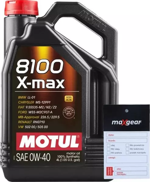 MOTUL 8100 X-MAX 0W40 API SP ACEA A3/B4 4L + ZAWIESZKA