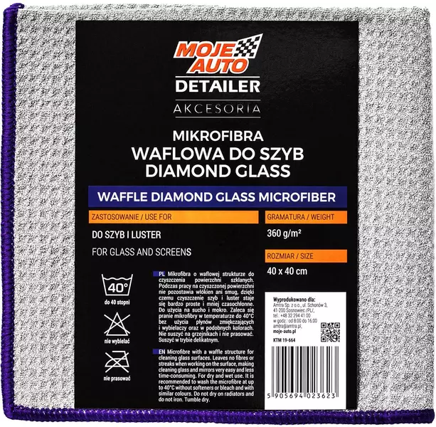 MOJE AUTO DETAILER MIKROFIBRA WAFLOWA DO SZYB DIAMOND GLASS 370G 40x40CM