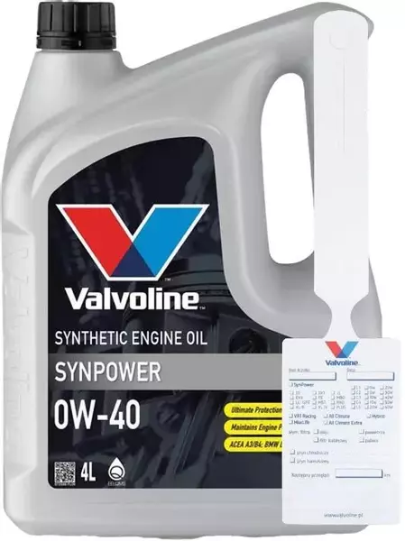 VALVOLINE SYNPOWER OLEJ SILNIKOWY 0W40 4L + ZAWIESZKA